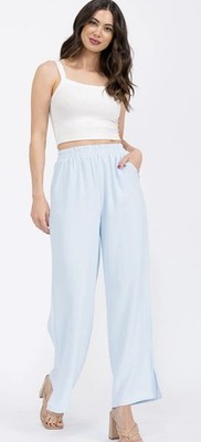 Women s Elastic Waist Wide Leg Slit Pants With Pockets Ice Blue Color Small