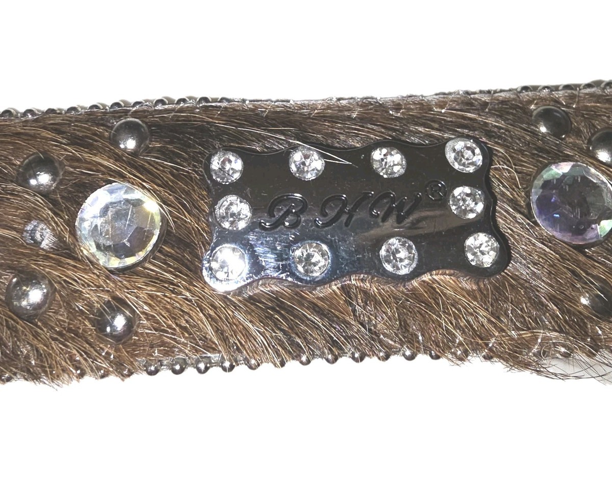BHW Heavy Leather Cow Hair Western Rodeo Belt Cowgirl Rhinestones Stars L 38-39 BHW Heavy Leather Cow Hair Western Rodeo Belt Rhinestones  main image 4