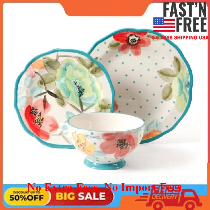 [HOT SALE] The Pioneer Woman Vintage Bloom 12-Piece Dinnerware Set, Turquoise