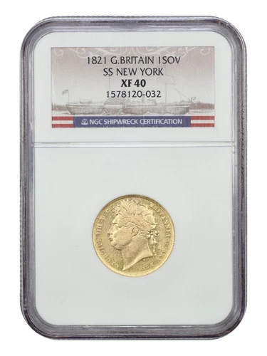 S.S. New York: Great Britain: 1821 Shipwreck 1 Sovereign NGC XF40 - Other