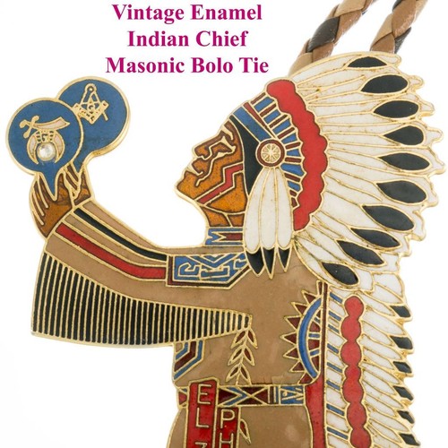 Vintage Enamel "Indian Chief" Bolo Tie Shriners Copper/Metal Braided Leather Men - Picture 1 of 7