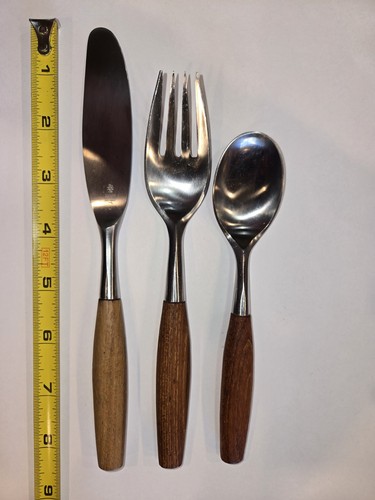 DANSK GERMANY MCM FJORD TEAK STAINLESS STEEL SALAD FORK DINNER KNIFE TEA SPOON - Picture 3 of 21