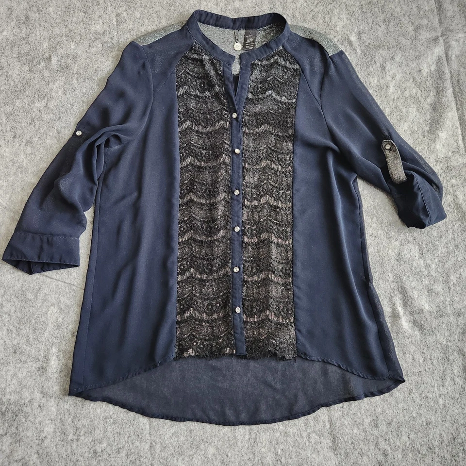 Top de encaje transparente brillante BKE Boutique para mujer L azul con flecos bordados con botones Foto 2 de 4