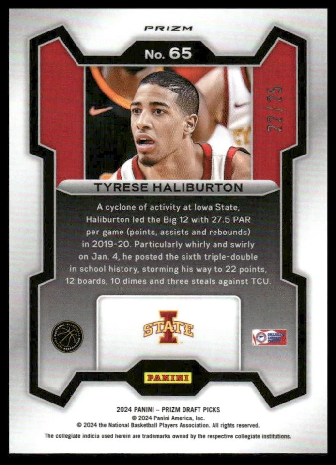2024 Panini Prizm Draft Picks #65 Tyrese Haliburton /25 Green Pulsar Iowa State - Image 2 of 2