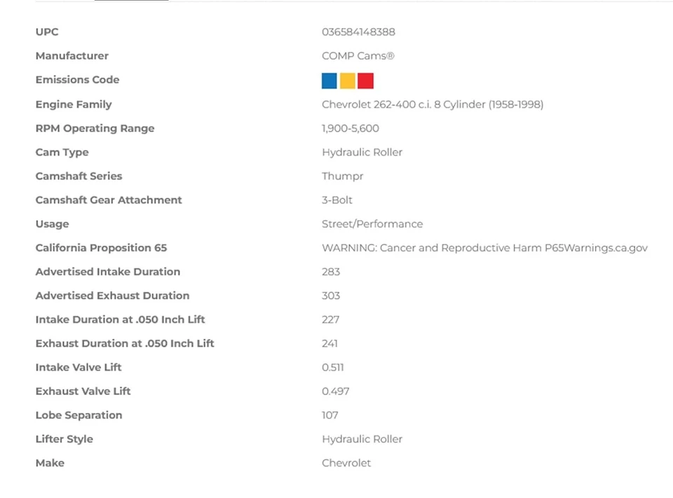 COMP CAM 12-600-8 THUMPR 227/241 RETRO FIT CAM LIFTERS TIMING CHEVY SBC 5.7 350 Foto 2 de 4