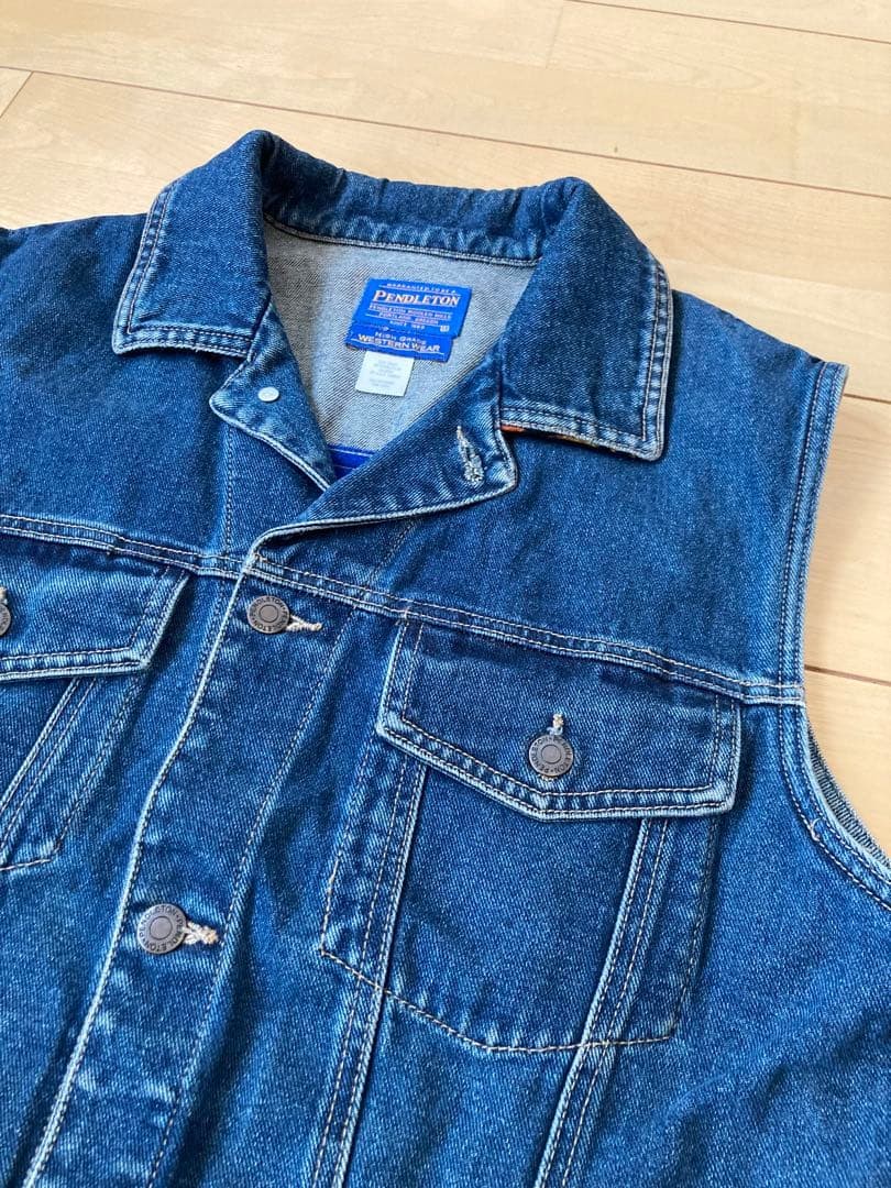 Pendleton Denim Vest Native Pattern Back Distress… - image 4