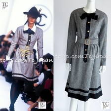 CHANEL 88A Vintage Naomi Campbell Gray Ribbon Bow Dress Karl Lagerfeld 40 US8