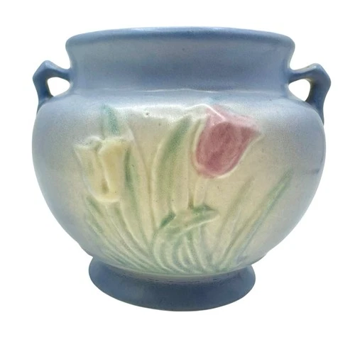 Vintage Hull Pottery 1938 Sueno Tulip Blue Jardiniere Vase Floral #117-30 USA 4”