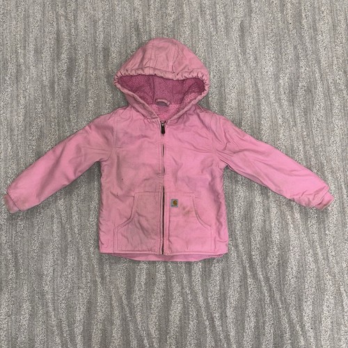 Carhartt Girls 4T Pink Sherpa Lined Canvas Full Zip Hooded Chore Coat - Picture 1 of 10
