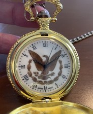 Gold Tone Eagle Themed Pocket Watch And Chain Working
