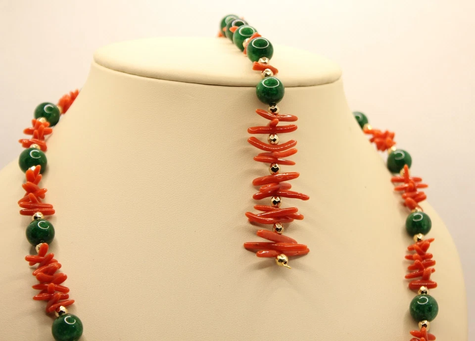 COLLANA e BRACCIALE CORALLO ROSSO E GIADA VERDE  CM 60 CM 19 NATURALE EXPLOIT - Immagine 2 di 4