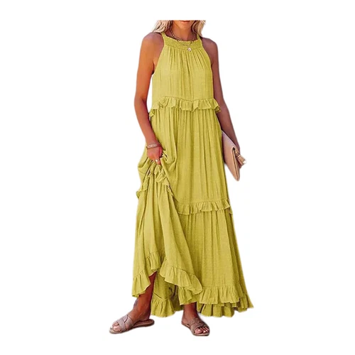 Womens Summer Maxi Dress Sleeveless Halter Neck Flowy Ruffle Hem Long Boho Dress - Picture 6 of 32