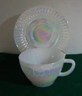 Vintage Federal Glass Moonglow Iridescent Diamond point Heat Proof Cup & saucer