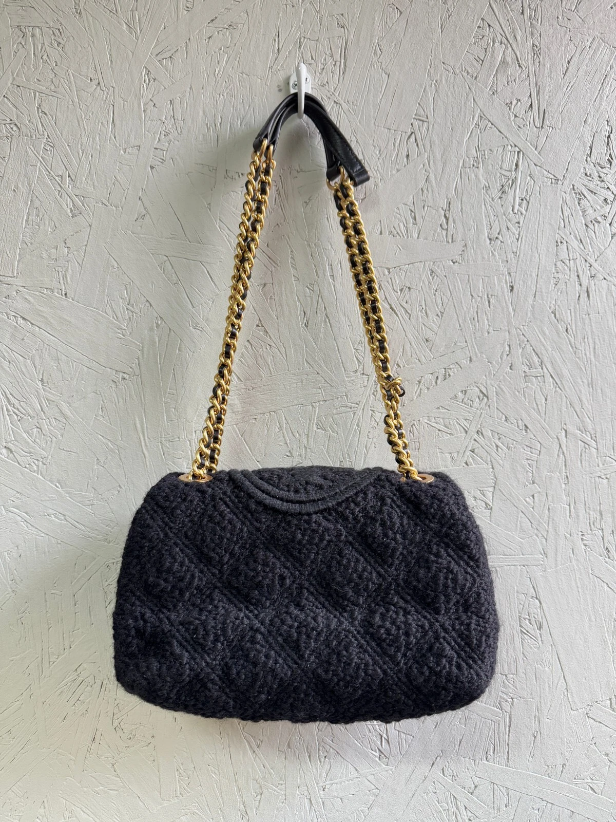 Borsa a tracolla TORY BURCH Fleming morbida tweed bouclé piccola convertibile Nero