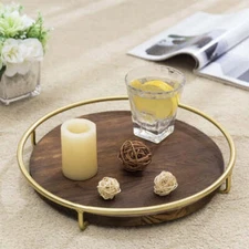 12-Inch Round Burnt Wood Decorative Tray with Vintage Brass Metal Wire Frame