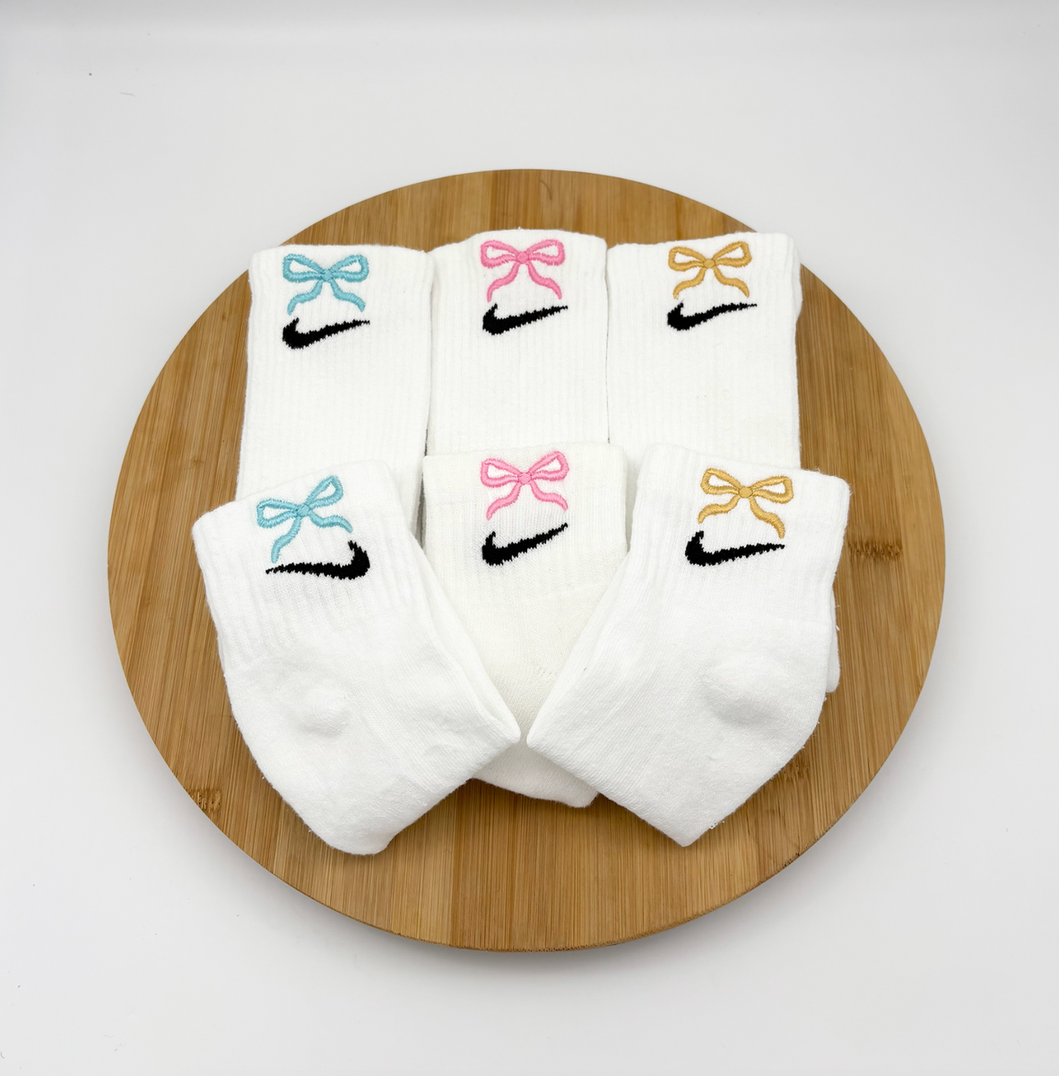 Custom Bow Nike Dri Fit Cushioned Crew Socks One Pair (Pink, Gold, Blue)