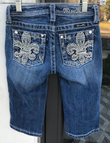 Girls MISS ME sz 8 Capri Blue Jeans Fleur de Lis Embellished Pockets A6 - Picture 6 of 8