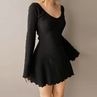 Women knit long sleeve mini dress stretchy ruffled sexy slim soft black fashion
