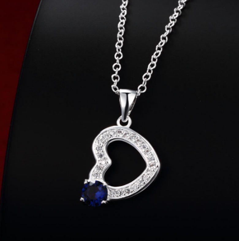 Womens 925 Sterling Silver Blue CZ Crystal Love Heart 18