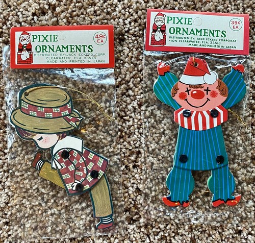 Mid Century Vintage Pixie Diecut Poseable Christmas Ornaments Retro Orig Package - Afbeelding 2 van 2