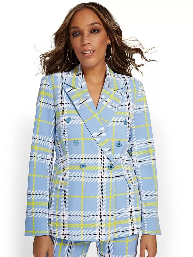 Blue checked top blazer womens
