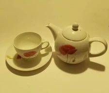 Lynns Fine China Red & Yellow Flower Design Teapot, Cup And Saucer