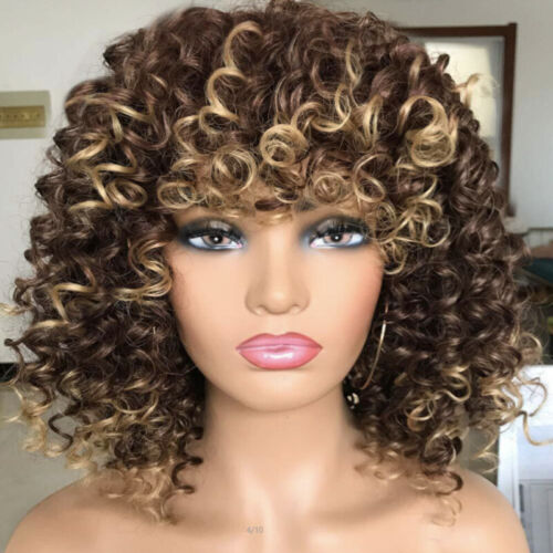 Curly Afro Wig with Bangs Short Kinky Curly Wigs for Black Women Black Hair New - Picture 21 of 22