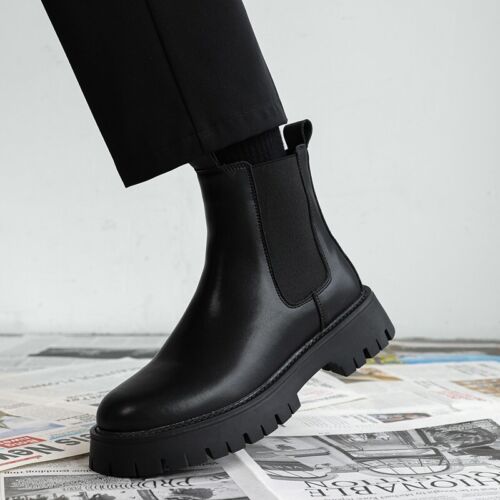 Men Platform Faux Leather High Top Round Toe Fashion Smoker Boots Chelsea Boots - Picture 4 of 7