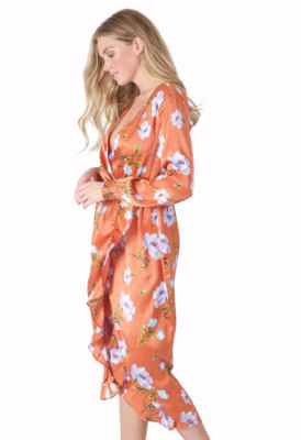 Womens Ladies Rust Floral Wrap Front Maxi Dress | eBay
