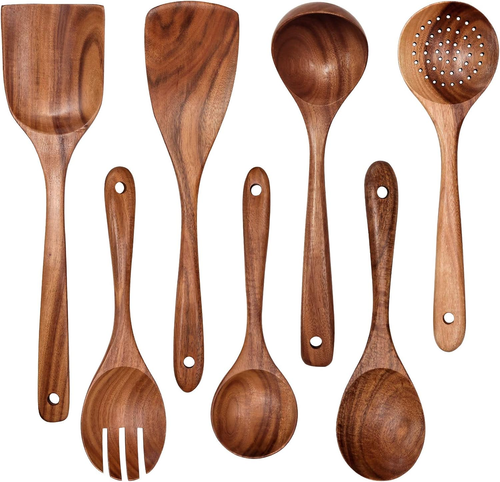 Wooden Spoons for Cooking, Kitchen Utensils Set, Natural Teak Wood Spoon