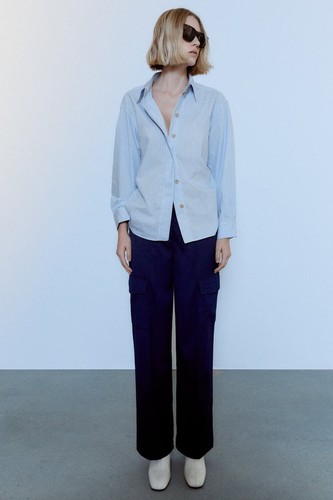 ZARA Blue & White Pinstripe Poplin Shirt With Matching Scrunchie - Size S BNWT - Picture 2 of 2