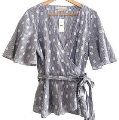 LOFT Stripe Dot Wrap Top L Blue White Flutter Sleeve Tie Waist Cotton Blouse NWT