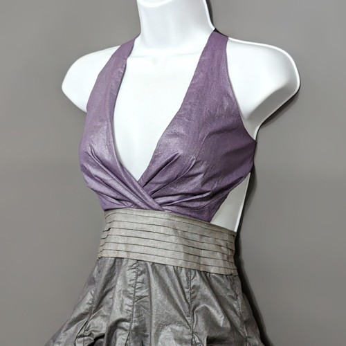 Vestido de fiesta Miso gris metálico púrpura dobladillo burbuja abullonada cuello halter espalda abierta 6 - Imagen 3 de 16