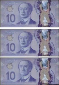 Set of Three  NEW Sequential UNC Canadian Polymer $10 Banknotes