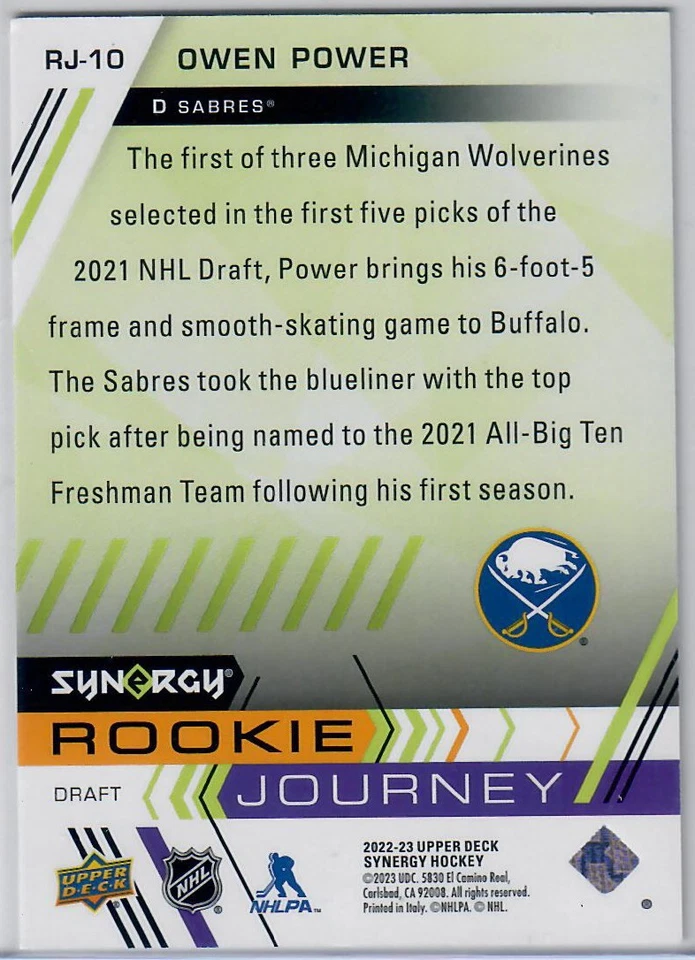 Owen Power 2022-23 UD Synergy RC Rookie Journey Home Green /699 RJ-10 Buffalo - Image 2 of 2