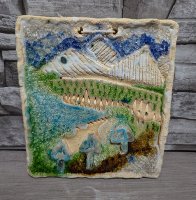 9''x8'' Textured Mountain Scene Ceramic Wall Art Pottery Tile Sculpture