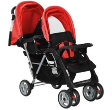 Tandem Double Stroller Red & Black Steel Foldable Pram Pushchair with Two Seats