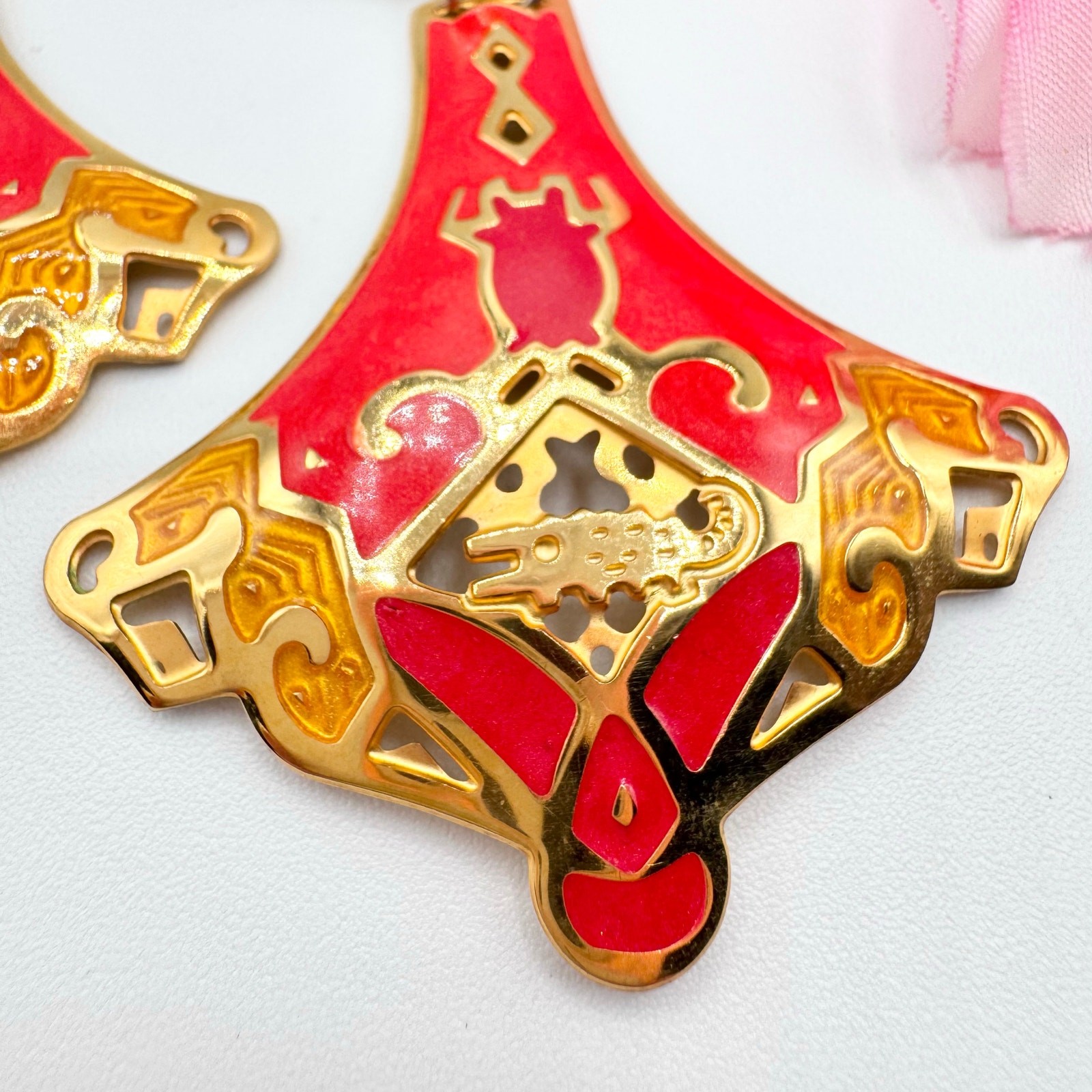 Vintage Edgar Berebi Red Enamel Earrings Big Statement Lantern Gold Tone Ornate