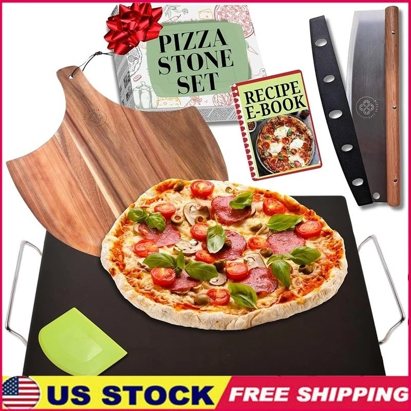 Deluxe Pizza Stone Set Oven BBQ Baking W/ Pizza Peel Cutter Dough Tool New