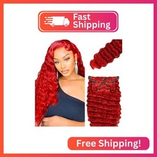 RED Clip in Extensions Human Hair 16 Inch RED Deep Wave Clip in Seamless Extensi