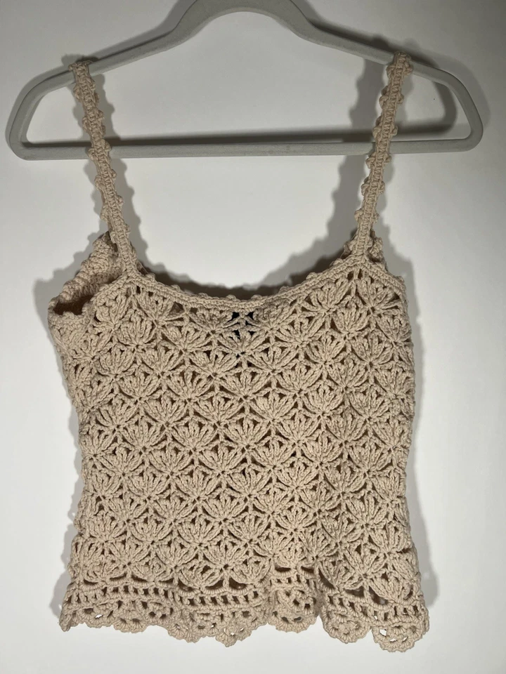 De colección Y2K PLENTO Crochet Hippie Crema Tanque Gamuza Corbatas L Boho Festival Vaquera Foto 3 de 4