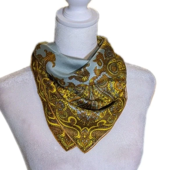 Vtg Scarf By Vera All Silk Rolled Edge Paisley Lime Green Bronze Retro Office - Image 4 of 4