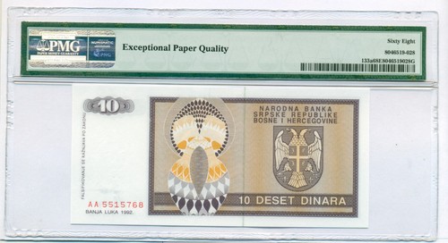 Bosnia - Herzegovina 1992 10 Dinara Bank Note Superb Gem Unc 68 EPQ PMG - Picture 2 of 4