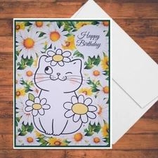 Cat & Daisy Die Cut Birthday Card Kit: DIY Paper Crafting Set with Envelopes