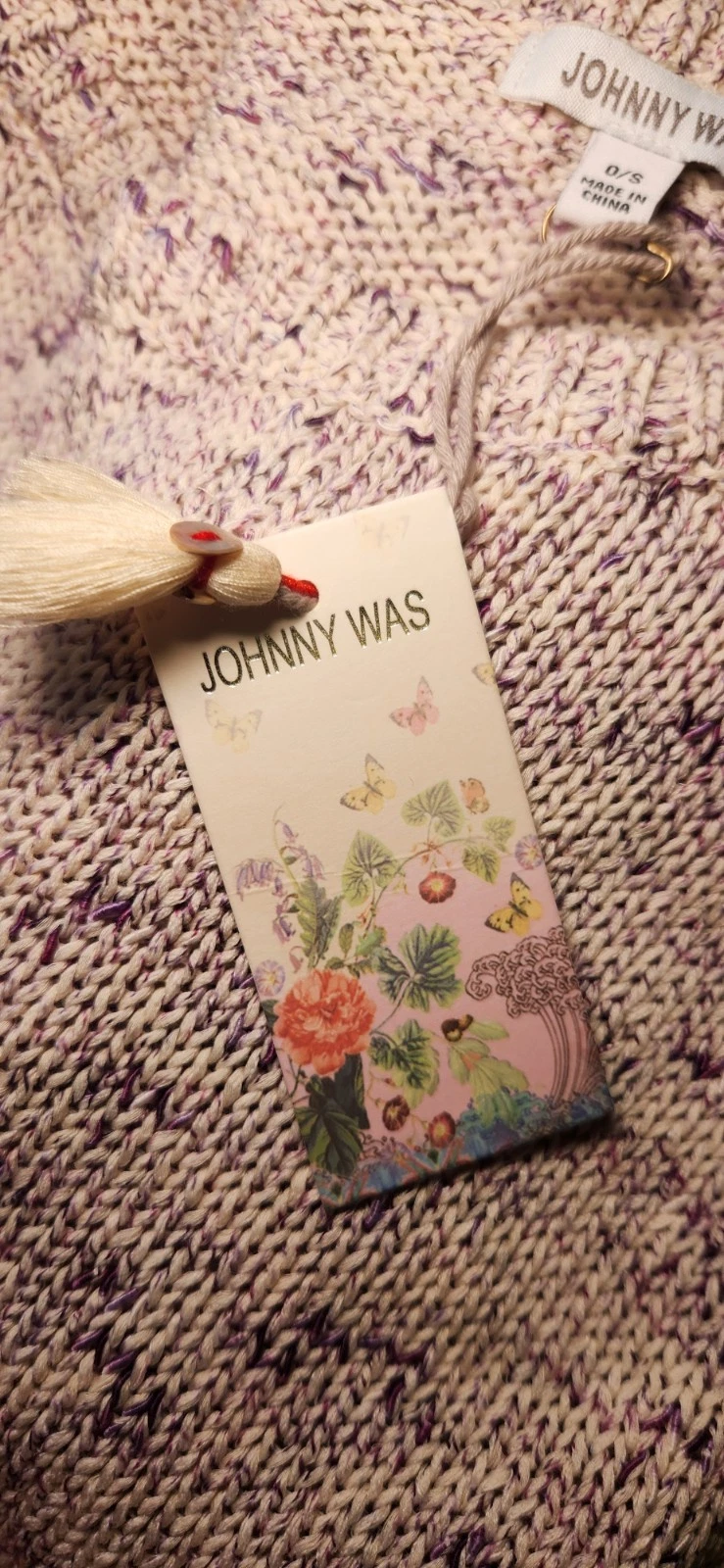 Johnny Was Poncho Knit Sweater With Tassels Beige Purple One Size Fits All NWT