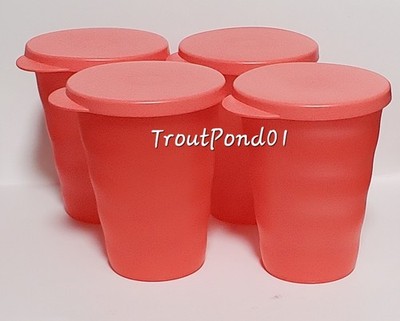 Tupperware 11 oz Impressions Tumblers Set 4 Coral Red NO STRAW HOLES Flat Seals