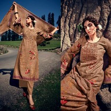 BEIG PRINTED WOOL w EMB INDIAN PAKISTANI READYMADE LADIES SALWAR KAMEEZ SUIT SNJ