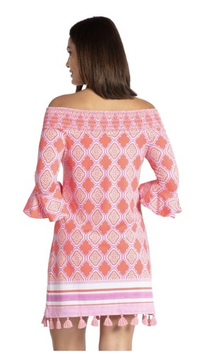 Cabana Life schulterfreies gesmoktes Damenkleid Medium koralle mit Tasseled Coastal - Bild 3 von 8