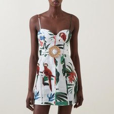 NWT Farm Rio Midnight Macaw Fiesta Linen Sleeveless Mini Dress Belt Size S
