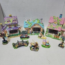 Open Box - 10 Pc Ceramic EASTER VILLAGE - Lighted - #211421, 3 Houses +More